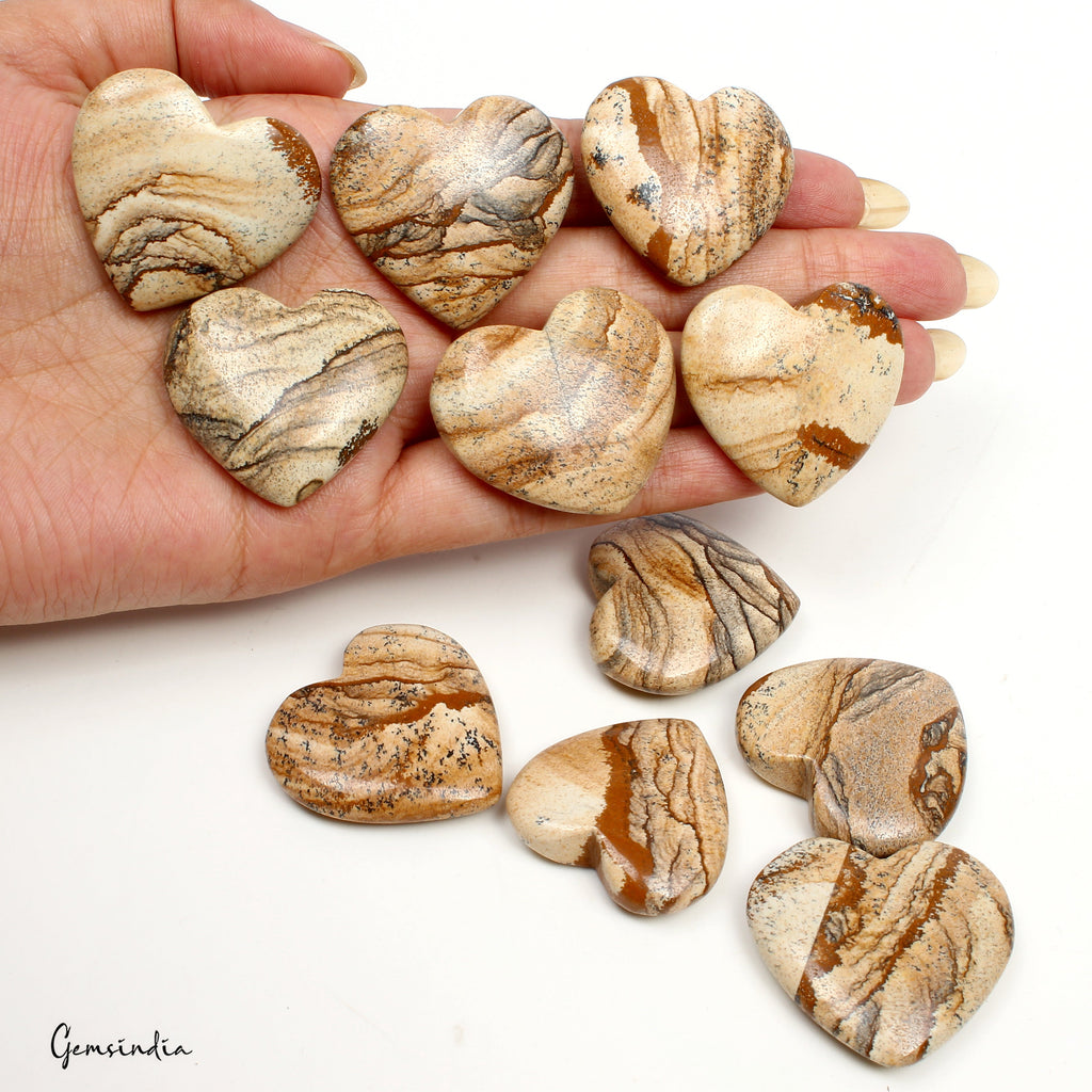 850 Ct/11 Pcs Natural Untreated Picture Jasper Heart Cab Loose Gems For Jewelry