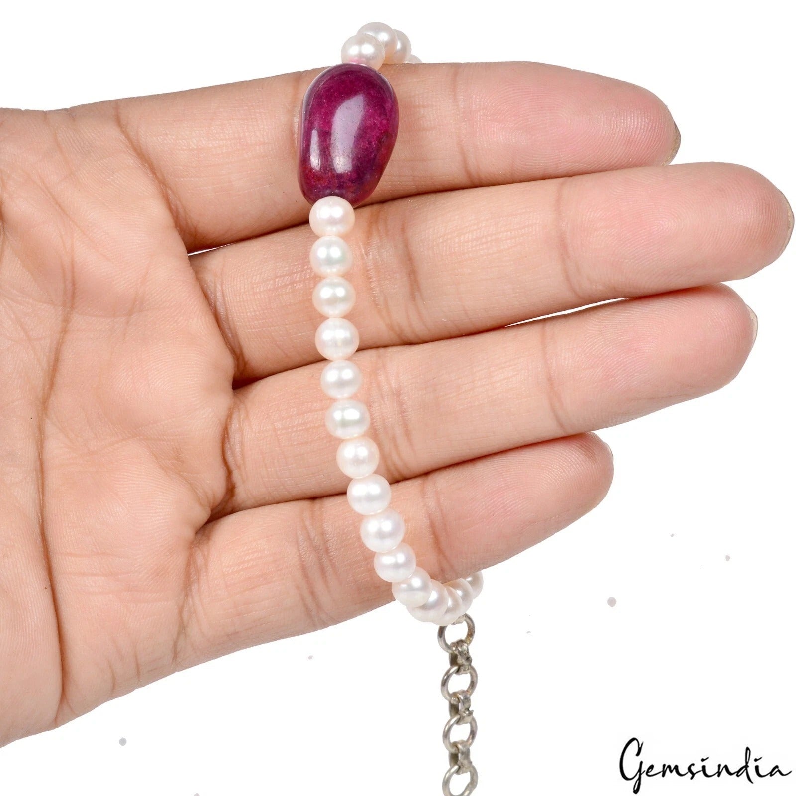 74 Ct Natural Red Ruby &Pearl Beaded Handmade Bracelet W Adjustable Silver Chain