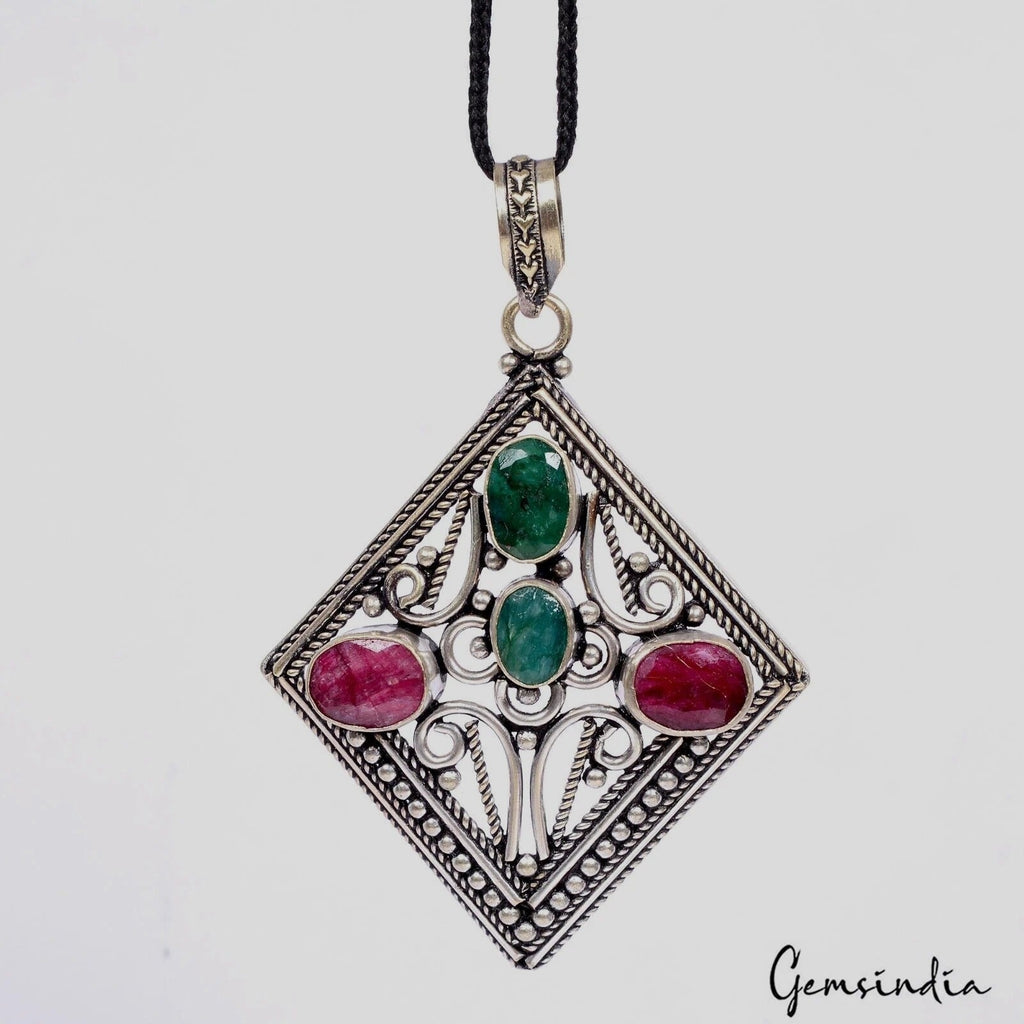 21.10gm Natural Red Ruby Green Emerald Gems With German Carved Silver Pendant 3"