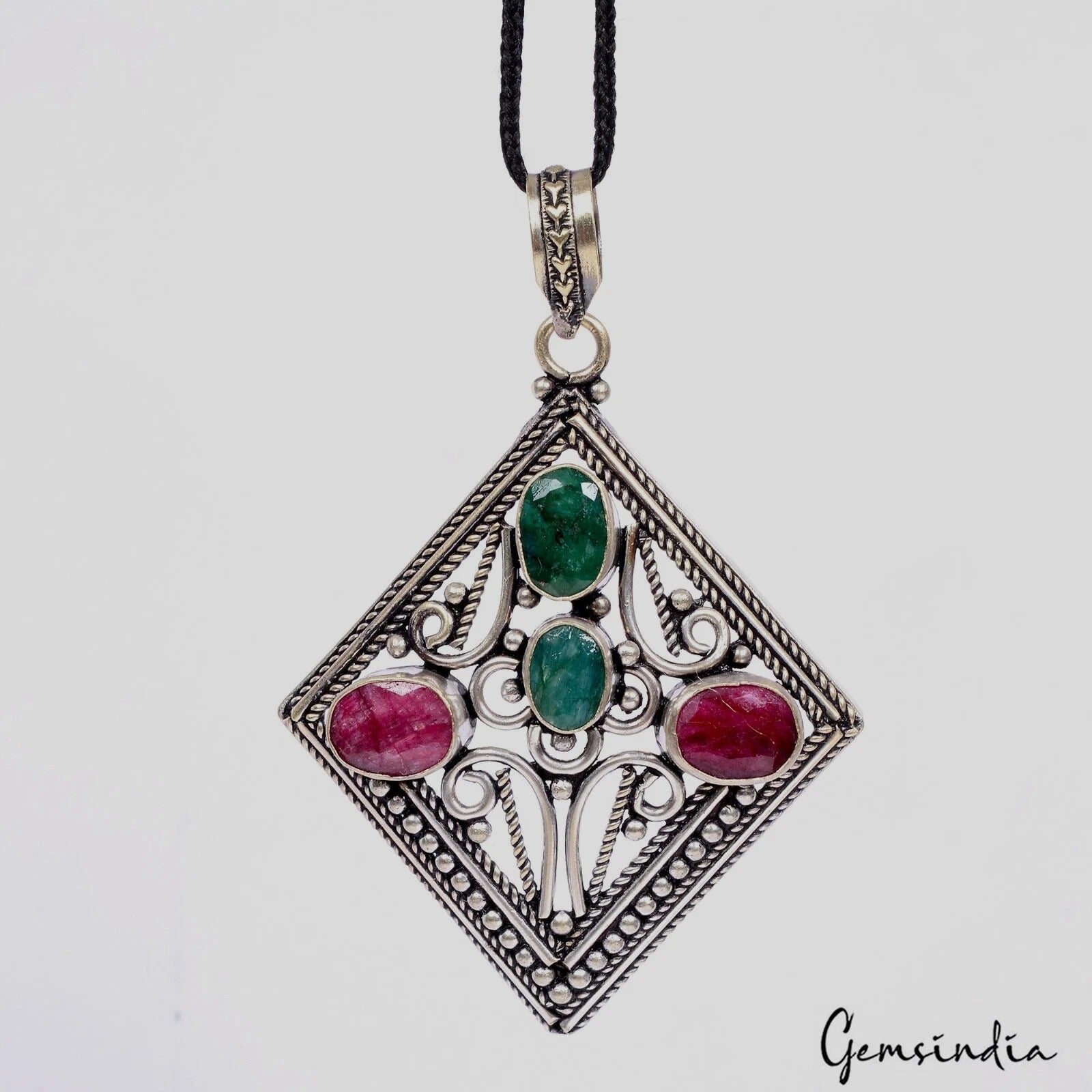 21.10gm Natural Red Ruby Green Emerald Gems With German Carved Silver Pendant 3"