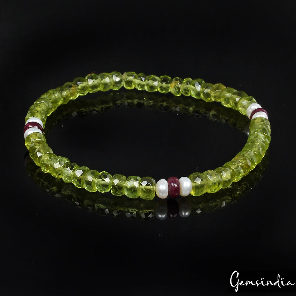 6.5" Natural Peridot Stone Bracelet Green Crystal Stretchable Handmade Bracelet