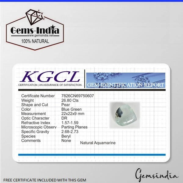 Aquamarine Loose Gemstone, Pear Cut, Untreated — 22x22x9mm, 26.80 Ct, Brazil