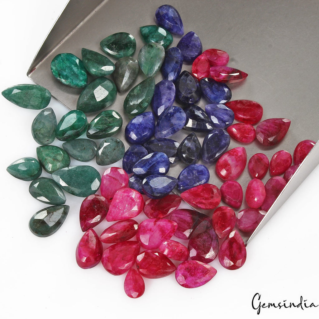200 Cts/69 Pcs Natural Multi Color Beryl Bixbite Emerald Beryl Pear Faceted Gems
