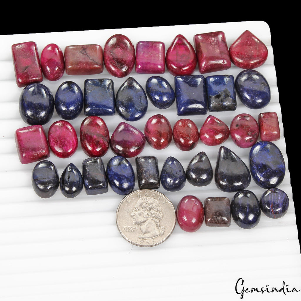 600 Cts/38 Pcs Natural Red Ruby Blue Sapphire Mix Cab Loose Gems Lot For Jewelr