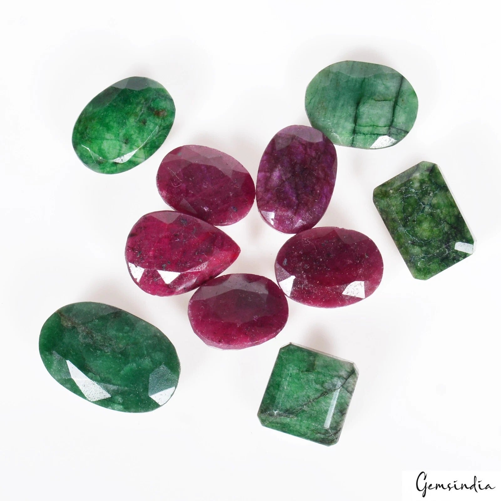 380 Cts/10 Pcs Natural Red Ruby Green Emerald Mixed Cut Loose Wholesale Gems Lot