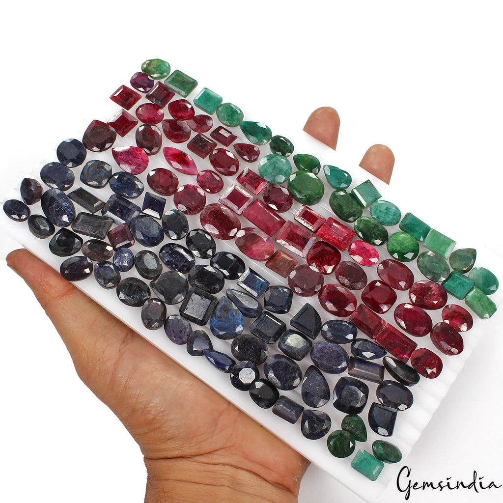 1400 Cts/123 Pcs Natural Red Ruby Green Emerald Blue Sapphire Mix Cut Loose Gems