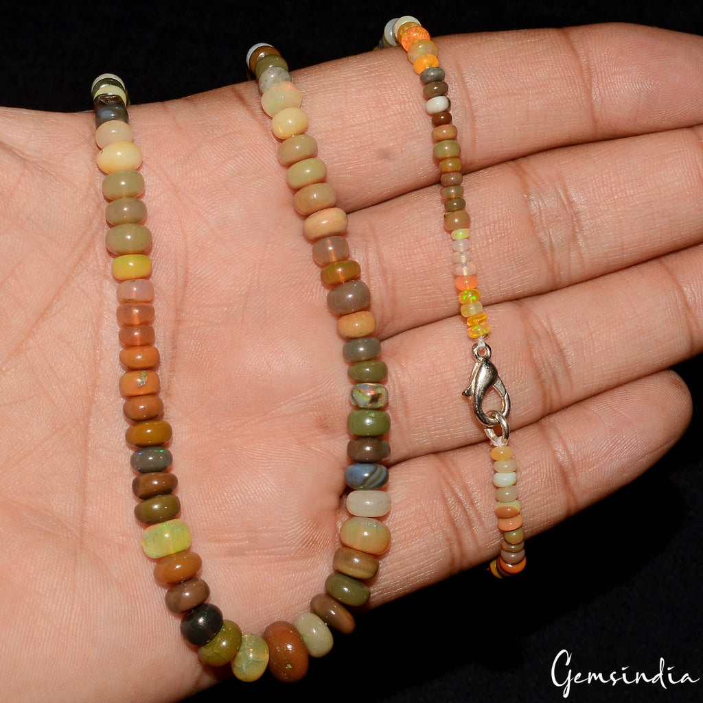 71.60 CtNatural Ethiopian Welo Fire Opal Rondelle Beaded Gemstone Necklace 18 in
