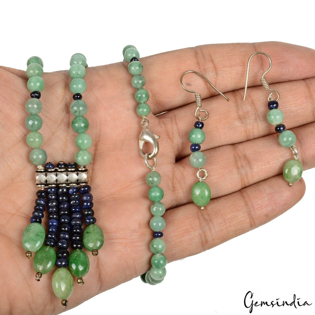 174.40 Cts Natural Emerald Sapphire Gems Round Beaded Handmade Designer Jewelry