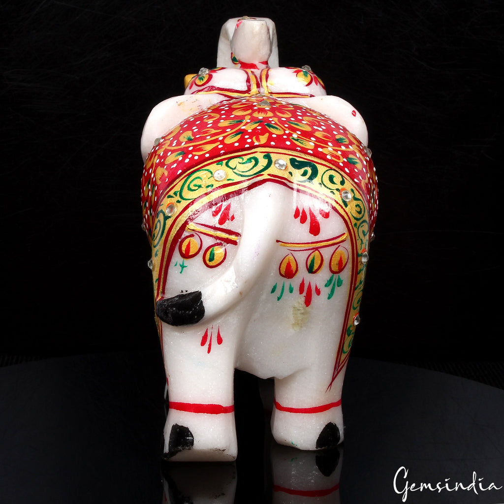 1.6 Kg Marble Elephant Statue Trunk Up Hand Paint Indian Art Home Deor Figurine