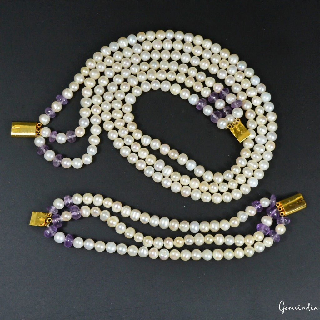 Genuine 680. 50Ct Freshwater Pearl & Amethyst 3 Strand Necklace Bracelet Jewelry
