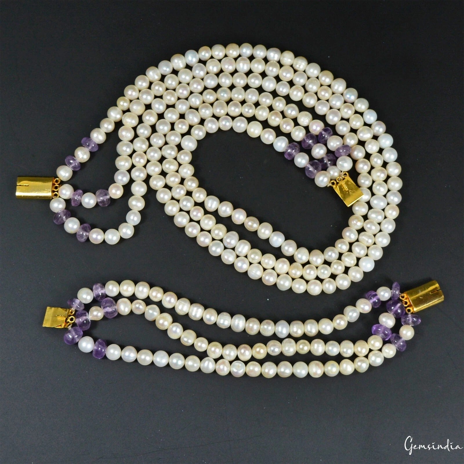 Genuine 680. 50Ct Freshwater Pearl & Amethyst 3 Strand Necklace Bracelet Jewelry