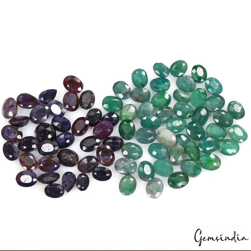 Certified 116.20 Ct/77 Pcs Natural Green Emerald Blue Sapphire Oval Cut Gems Lot