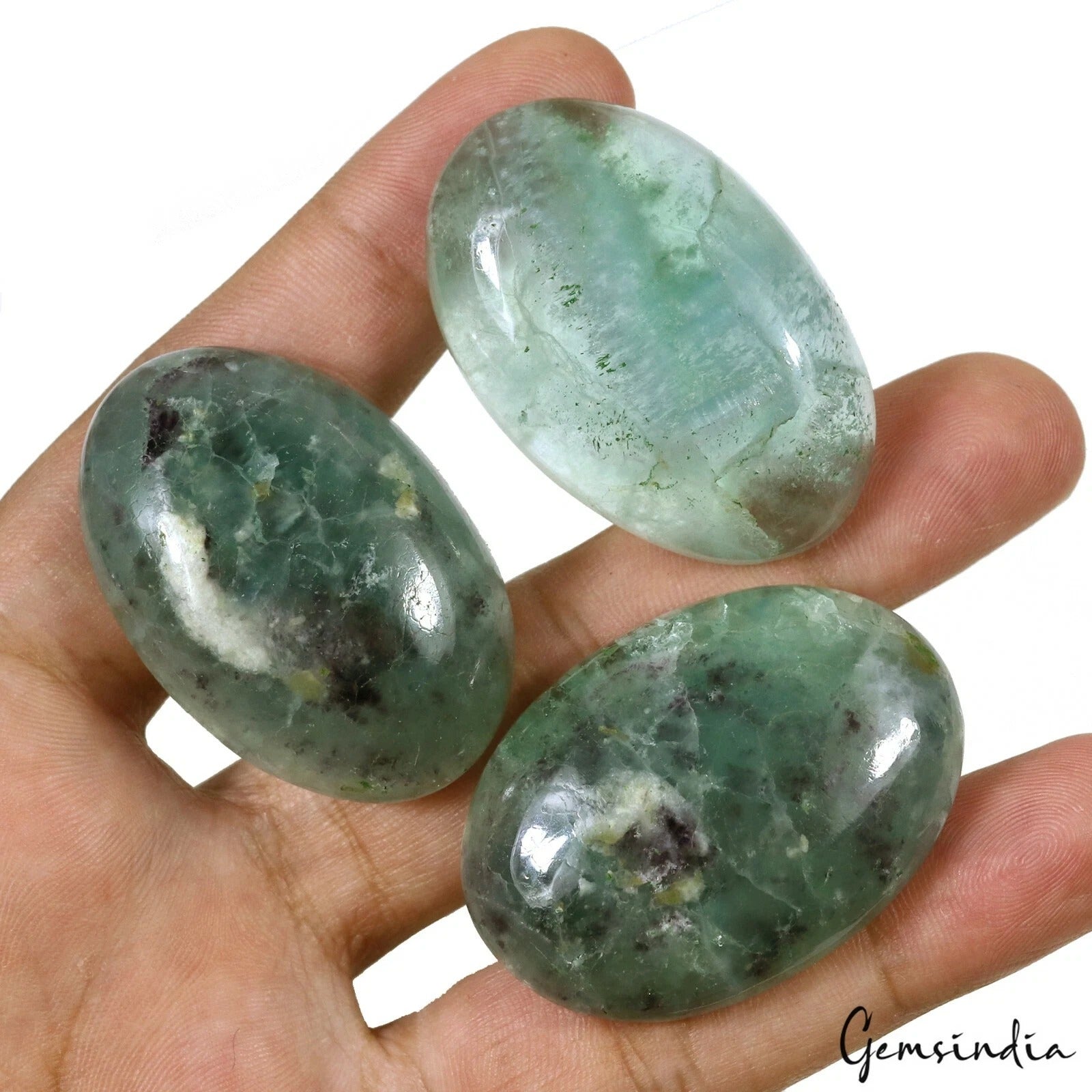 370 Cts/3 Pcs Natural Untreated Green Fluorite Oval Cab Loose Wholesale Gems Lot