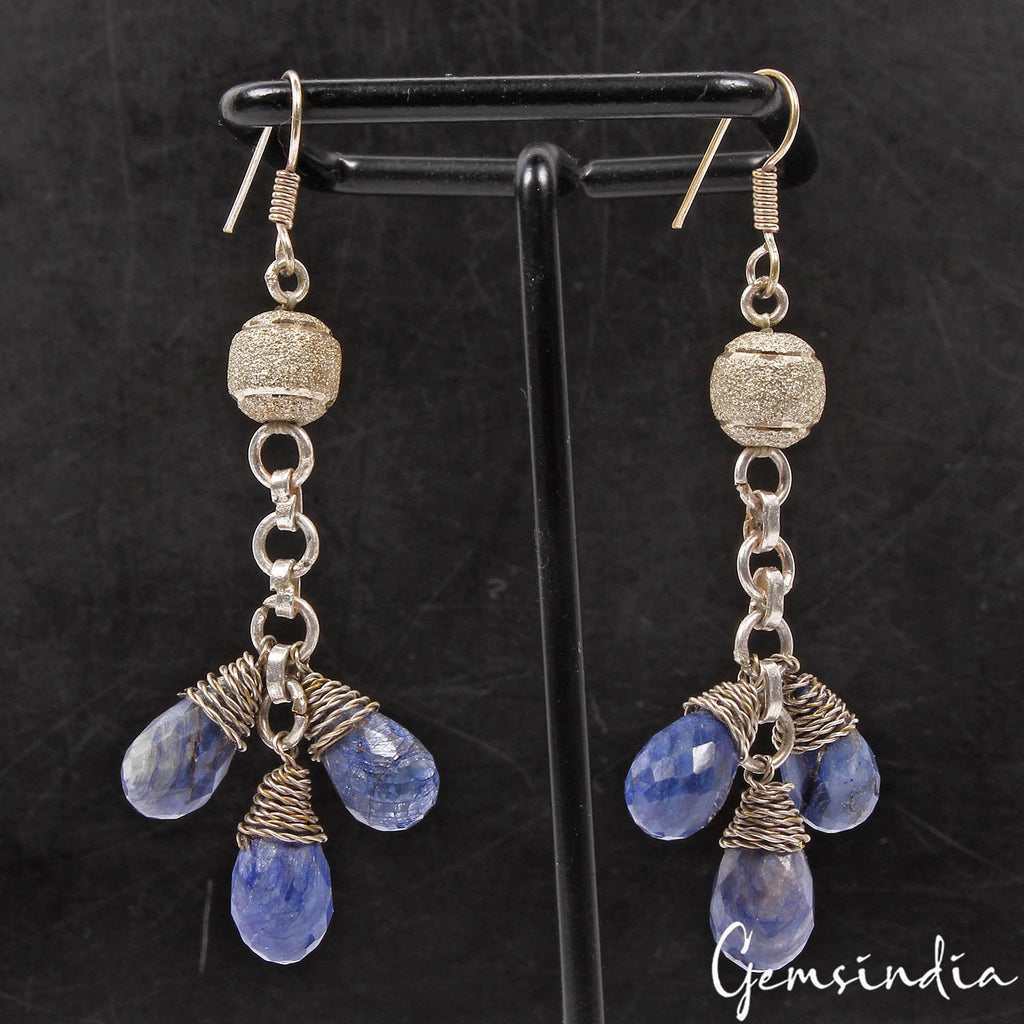 87 Cts Natural Blue Sapphire Pear Beaded Drop/Dangler Earring 3" Christmas Sale