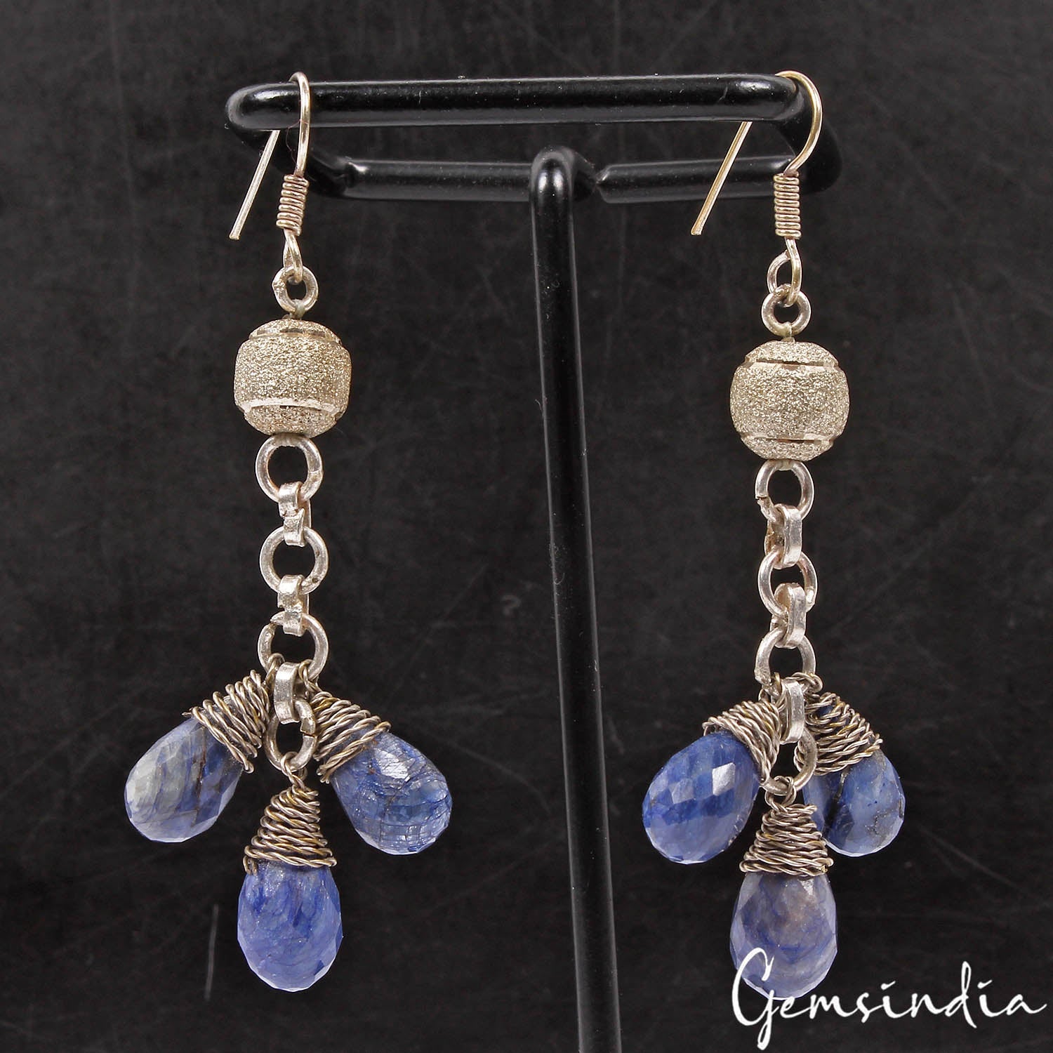 87 Cts Natural Blue Sapphire Pear Beaded Drop/Dangler Earring 3" Christmas Sale