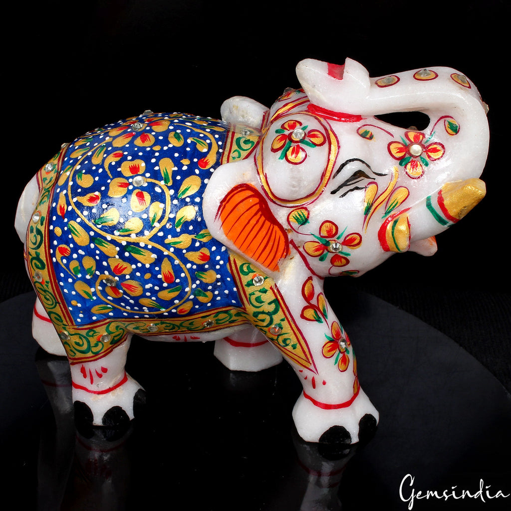 5.2" White Marble Elephant Statue Indian Handmade Home Decor Sculpture ~ 1.6 Kg
