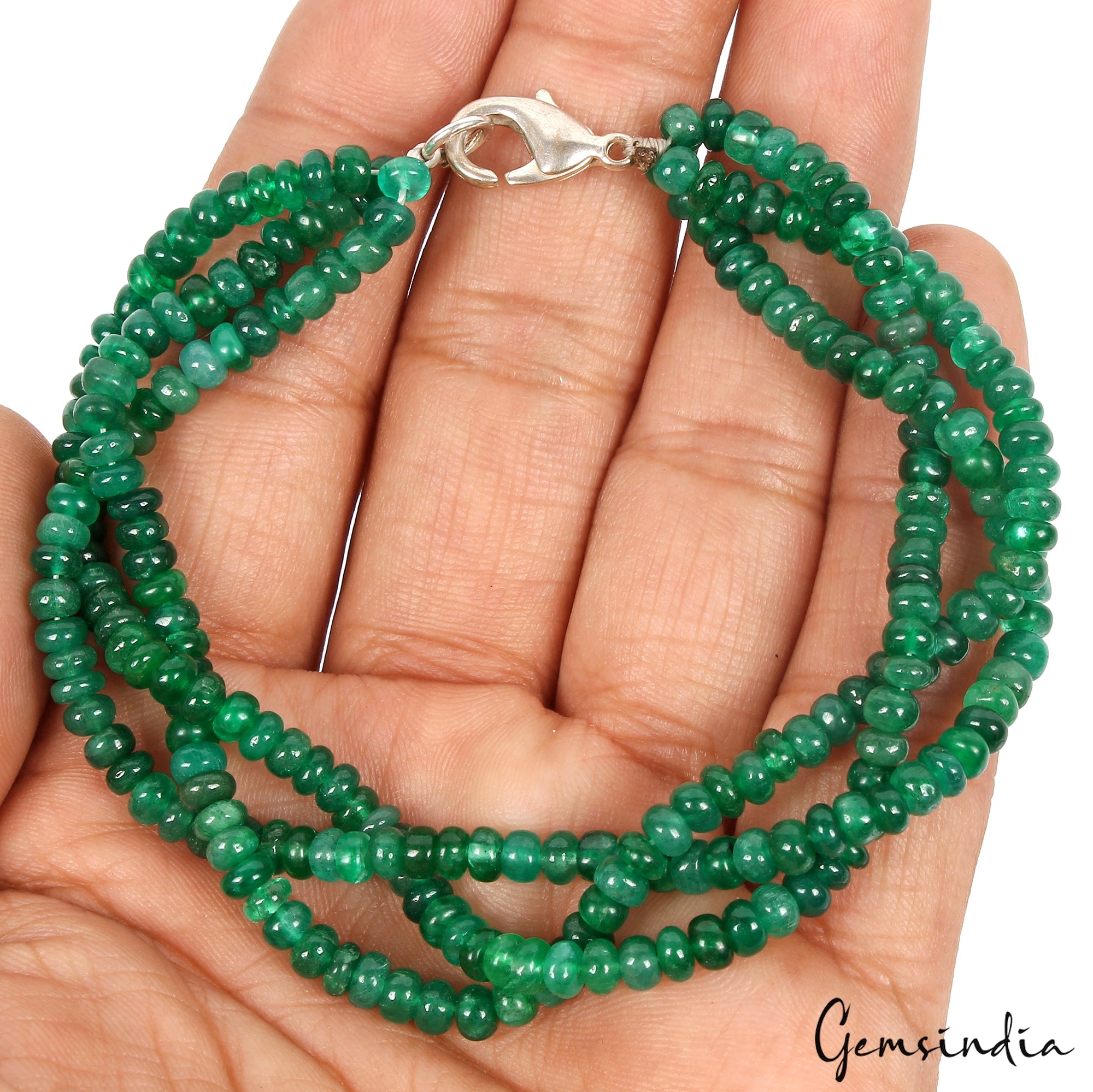7.5 In Natural Zambian Emerald Twisted Bracelet Cabochon Beads Silver Clasp