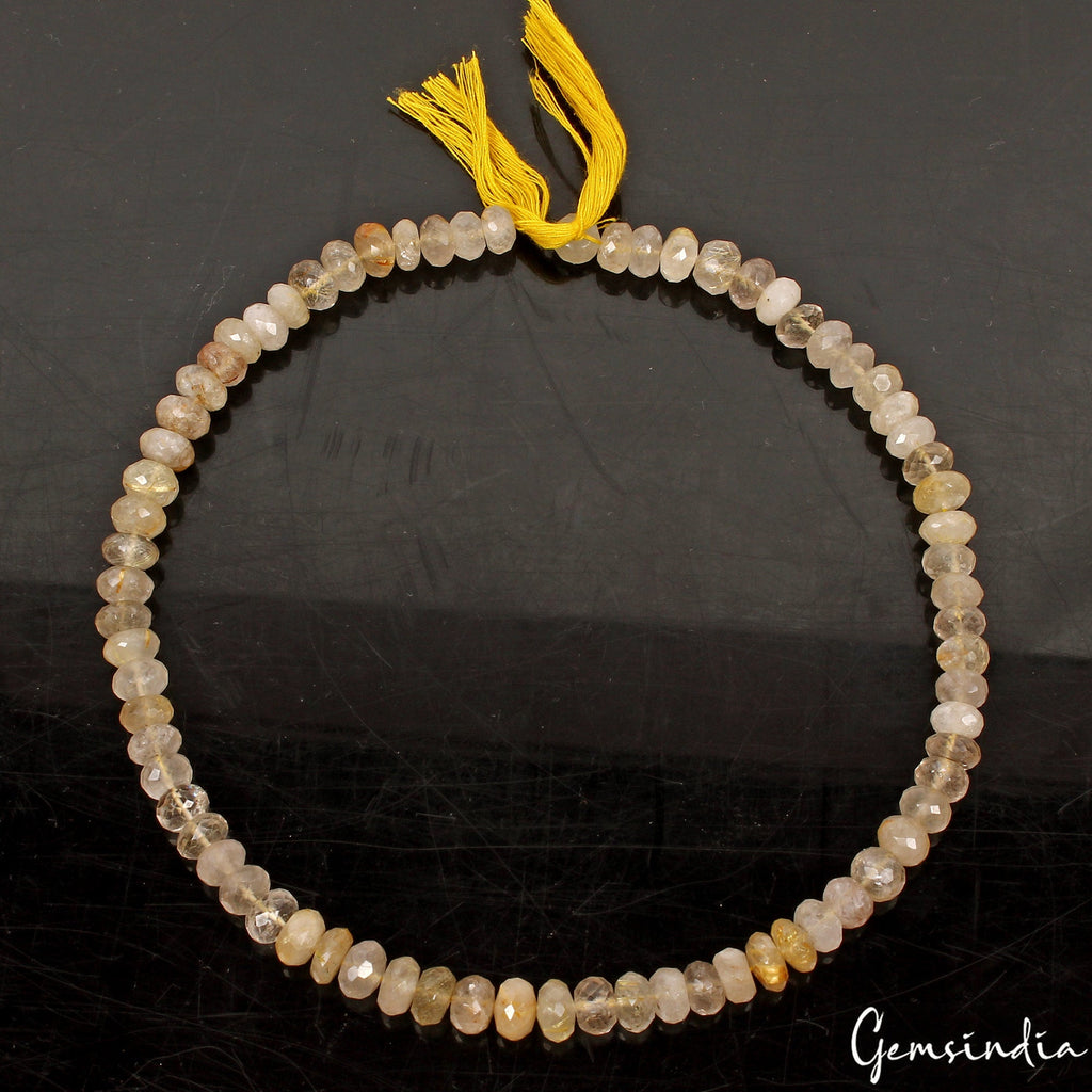 15" Long Natural Rutile Quartz Round Cut Center Drilled Gemstone Beads Strand