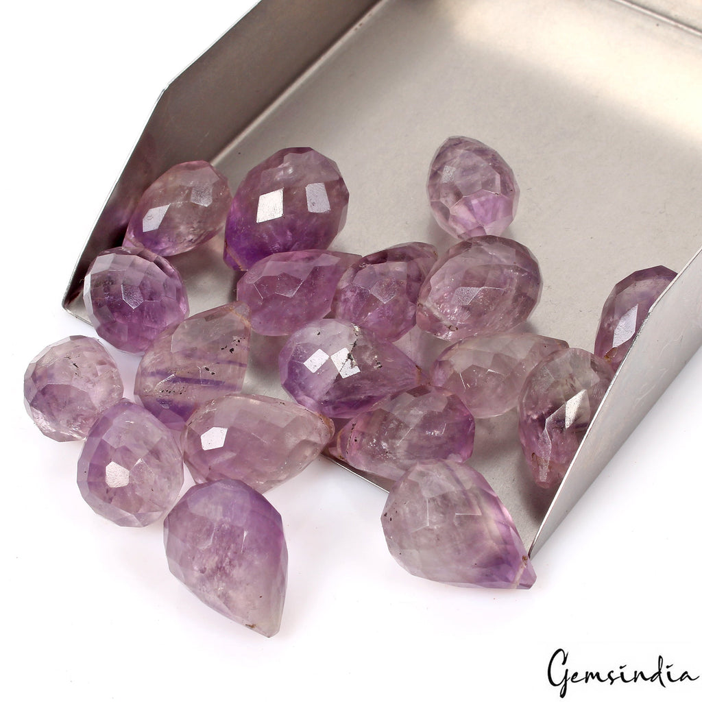 Certified 550 Ct Natural Purple Amethyst Pear Drop Checker Cut Beads Briolettes