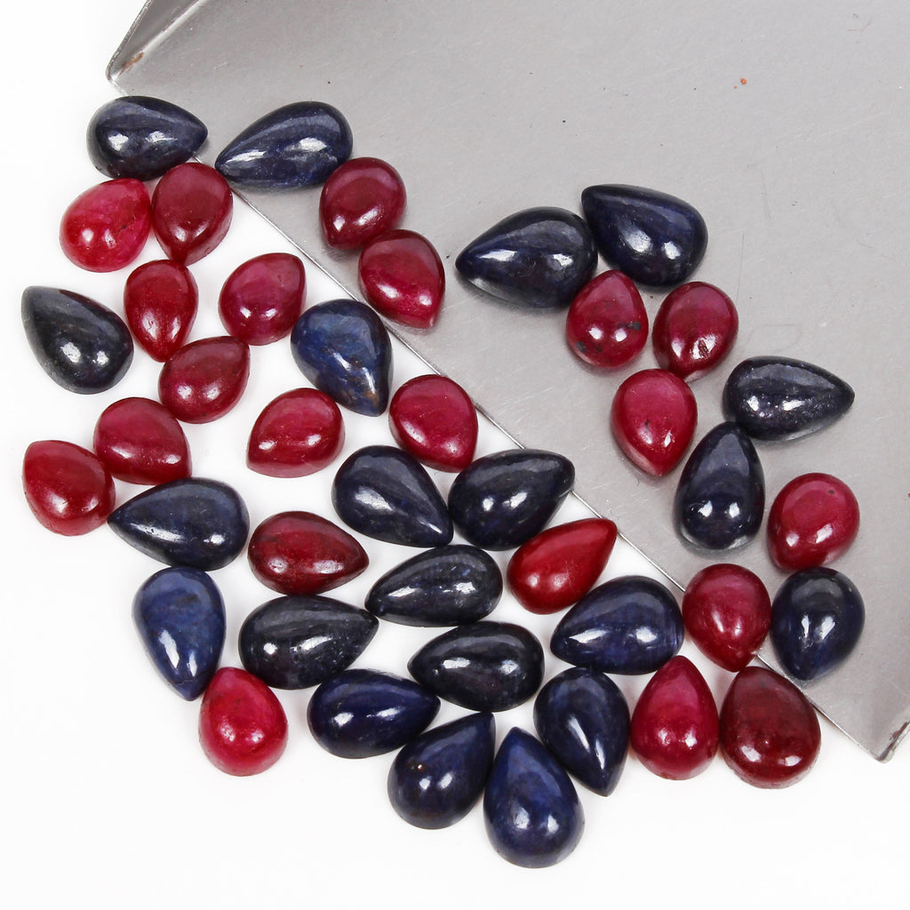 Certified 134.40 Cts/42 Pcs Natural Red Ruby Blue Sapphire Pear Cab Jewelry Gems