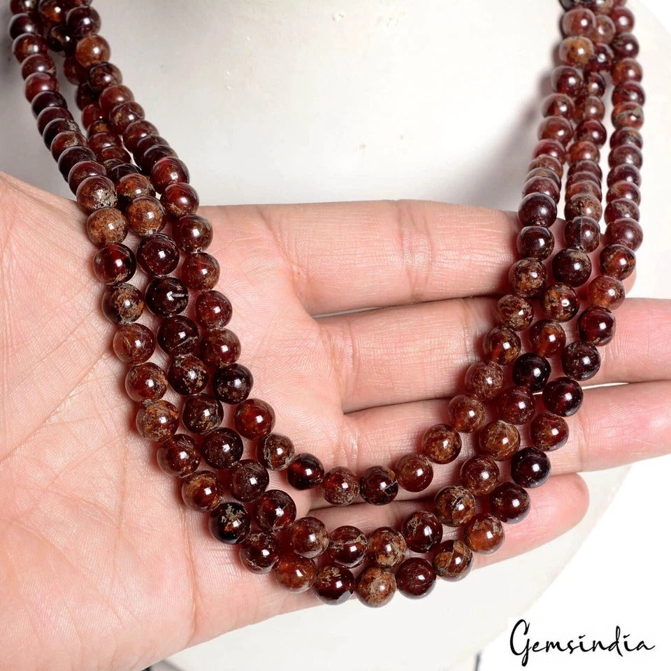3 Strand Hessonite Garnet Amazing 827 Ct Beaded Stunning 7-8mm Necklace Jewelry