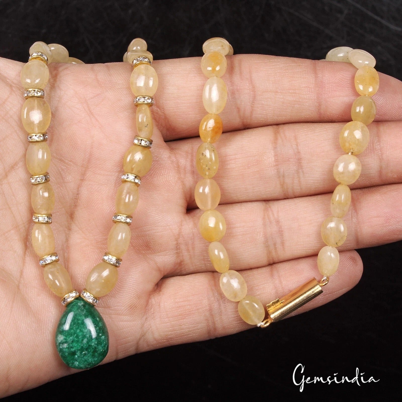 149.80 Cts Natural Yellow Quartz Green Emerald Beaded Single Strand Necklace 20"