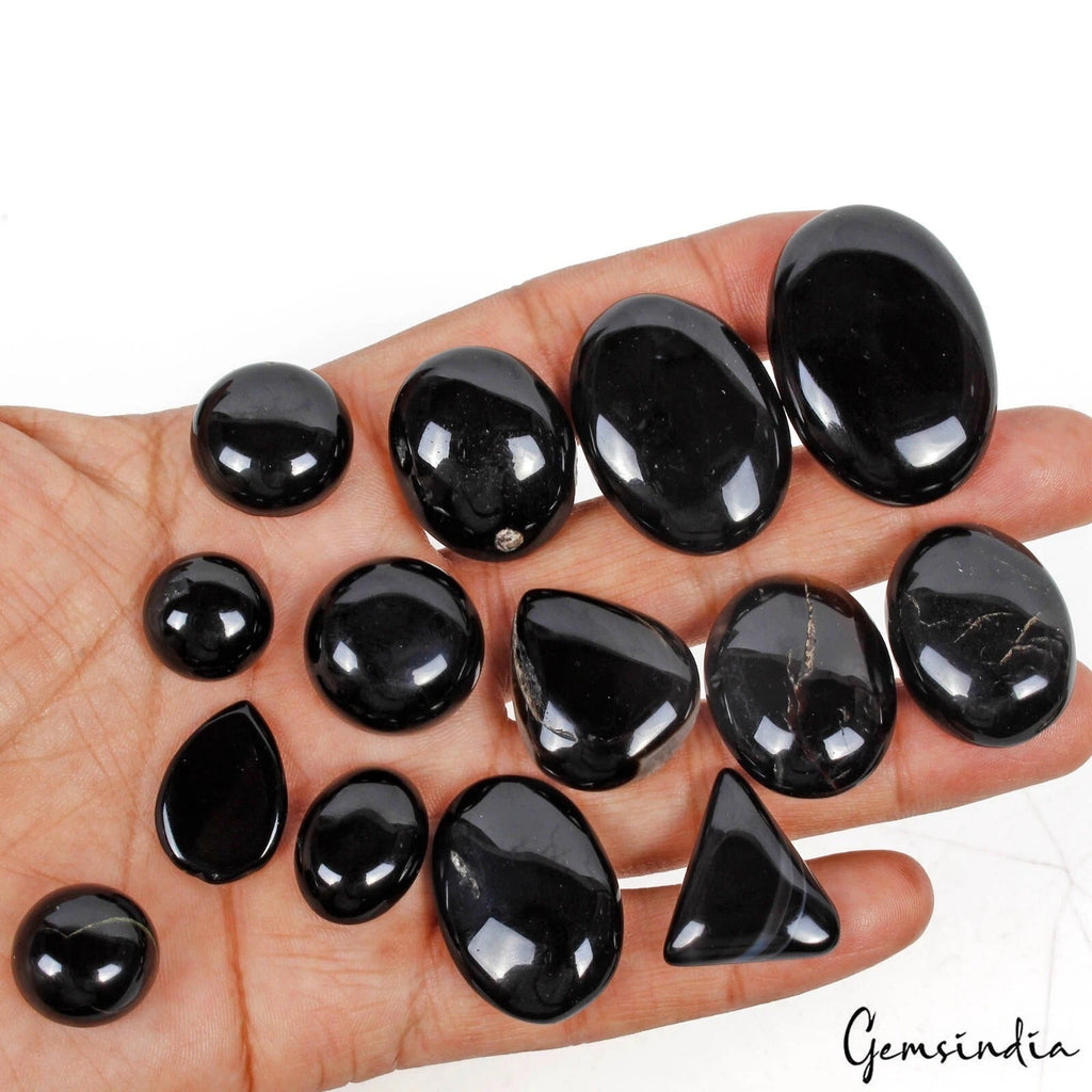 430 Cta/14 Pcs Natural Untreated Black Onyx Mixed Cab Loose Gems Lot For Jewelry