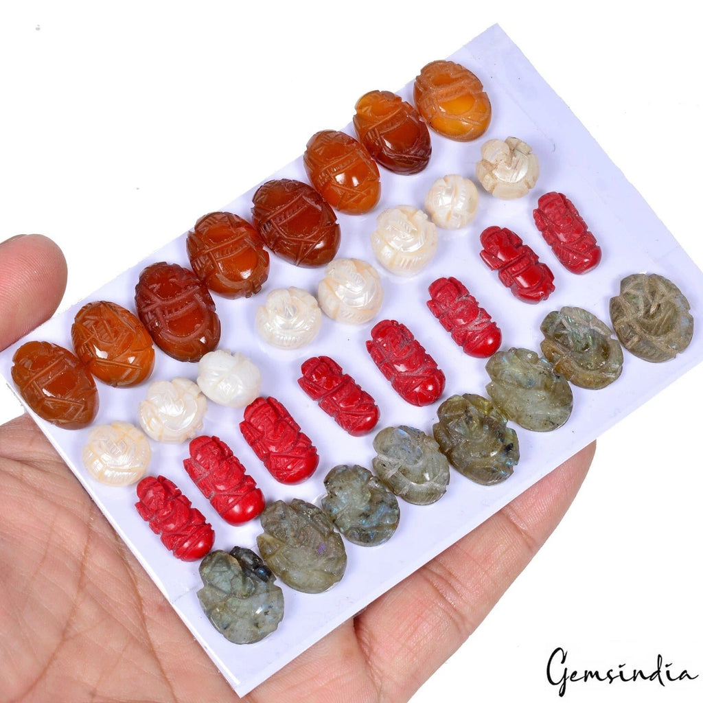 230 Ct/32 Pcs Multi Color Hand Carved Mini Ganesha Mix Gems Lot For Ring/Pendant