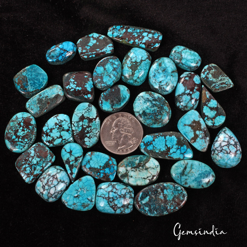 520 Ct Natural Spiderweb Blue Turquoise Oval Cabochon Loose Gemstone Lot 30 Pcs