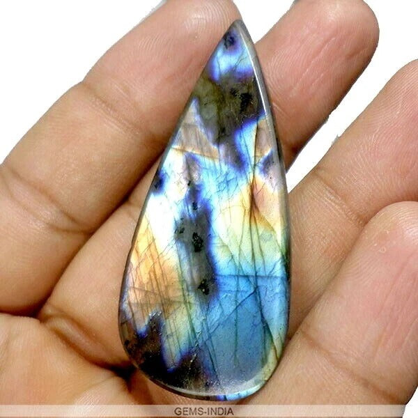 Certified 72Ct Natural Golden Blue Shine Labradorite Pear Carved Gem For Pendant