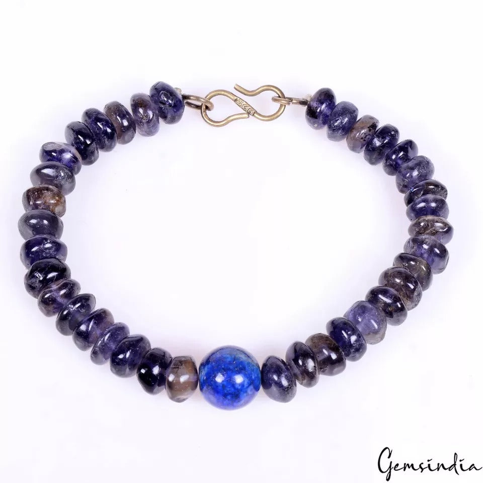 70.60 Ct Natural Blue Untreated Iolite Lapis Round Beaded Handmade Bracelet 6.5"