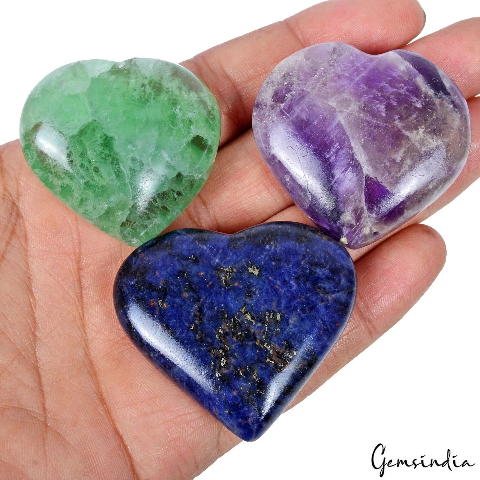 1800 Ct/3 Pcs Natural Sodalite Fluorite Amethyst Healing Crystal Heart Stone Gem