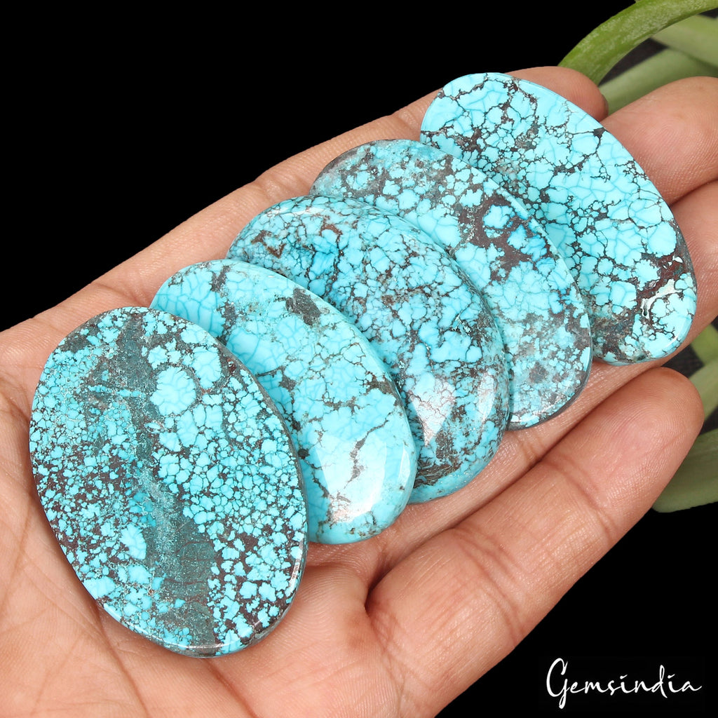 440 Ct/5 Pcs Natural Spiderweb Blue Turquoise Oval Cabochon Loose Gemstone Lot