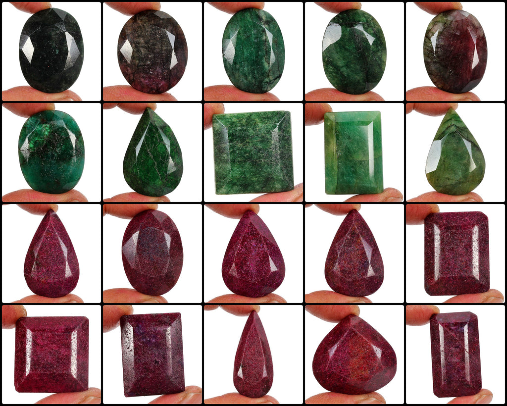 2900 Ct Natural Green Emerald Ruby Mix Faceted Earth Mined Huge Gems Lot 20 Pcs