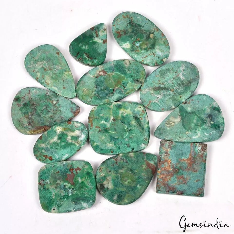 525 Ct/12 Pcs Natural Untreated Green Chrysocolla Mixed Cab Gems Lot For Jewelry