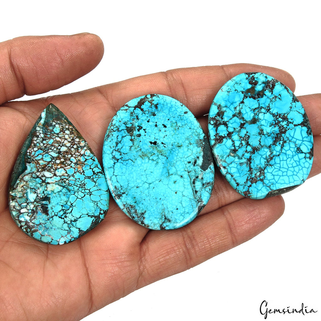 330 Ct/3 Pcs Natural Spiderweb Blue Turquoise Oval Cabochon Loose Gemstone Lot