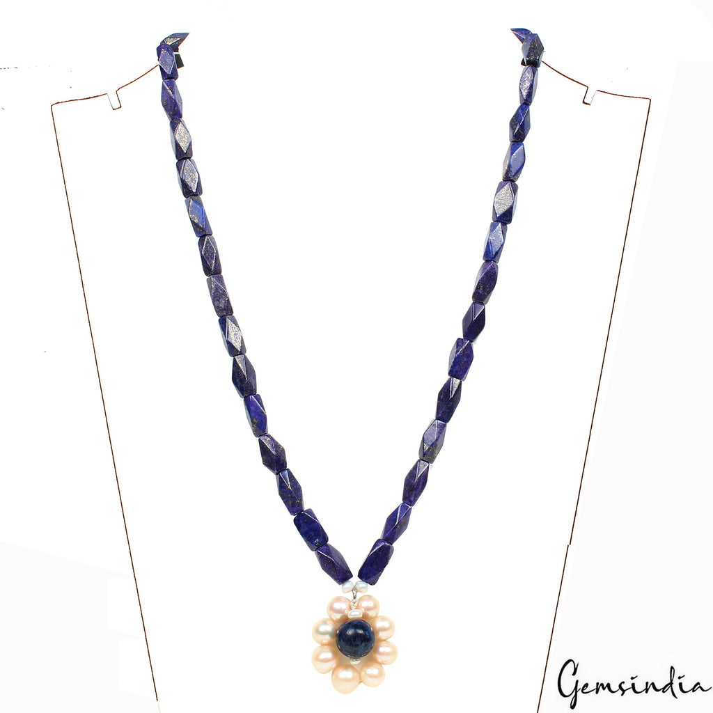 200 CtS Natural Blue Lapis Lazuli Fresh Water Pearl Beaded Handmade Necklace 18"