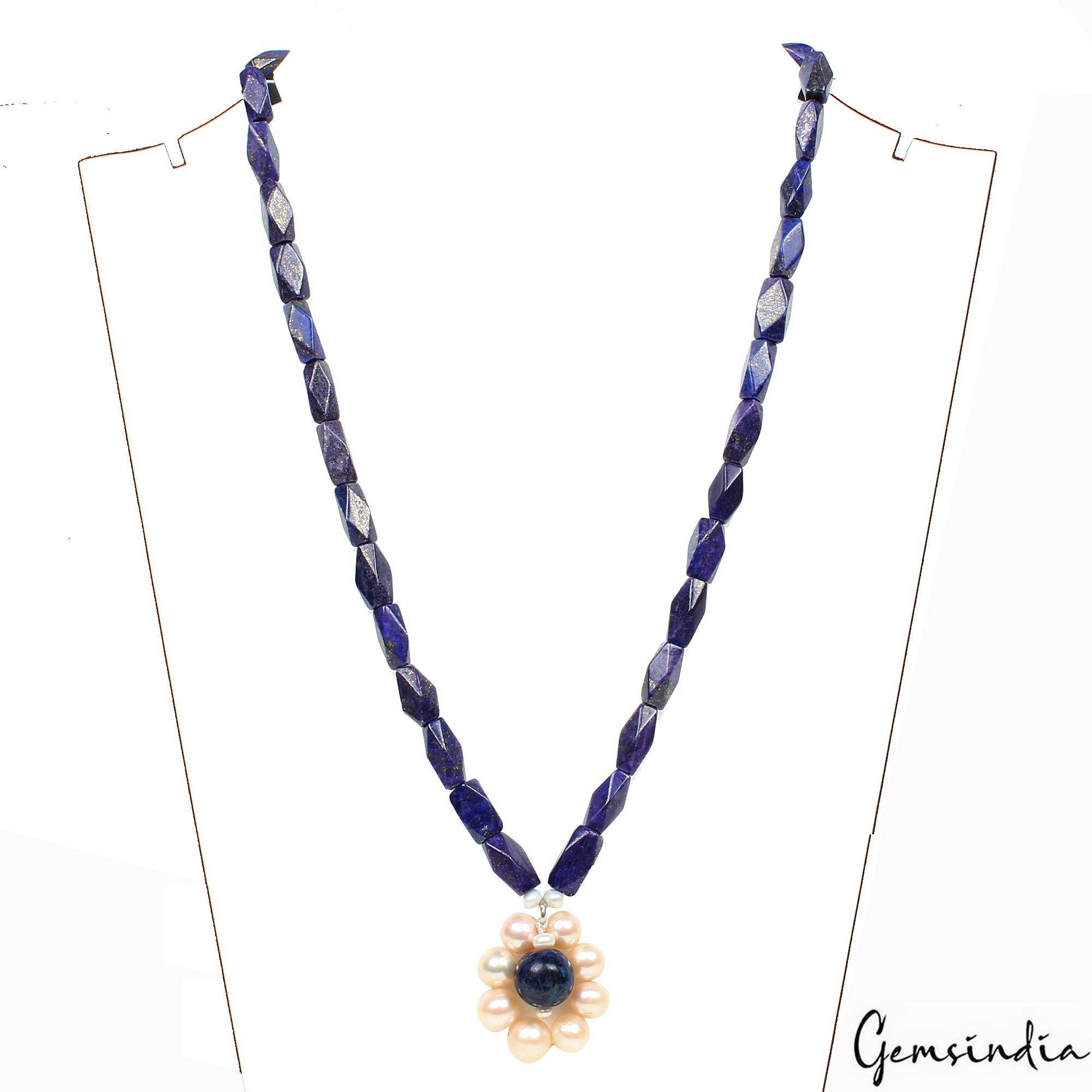 200 CtS Natural Blue Lapis Lazuli Fresh Water Pearl Beaded Handmade Necklace 18"