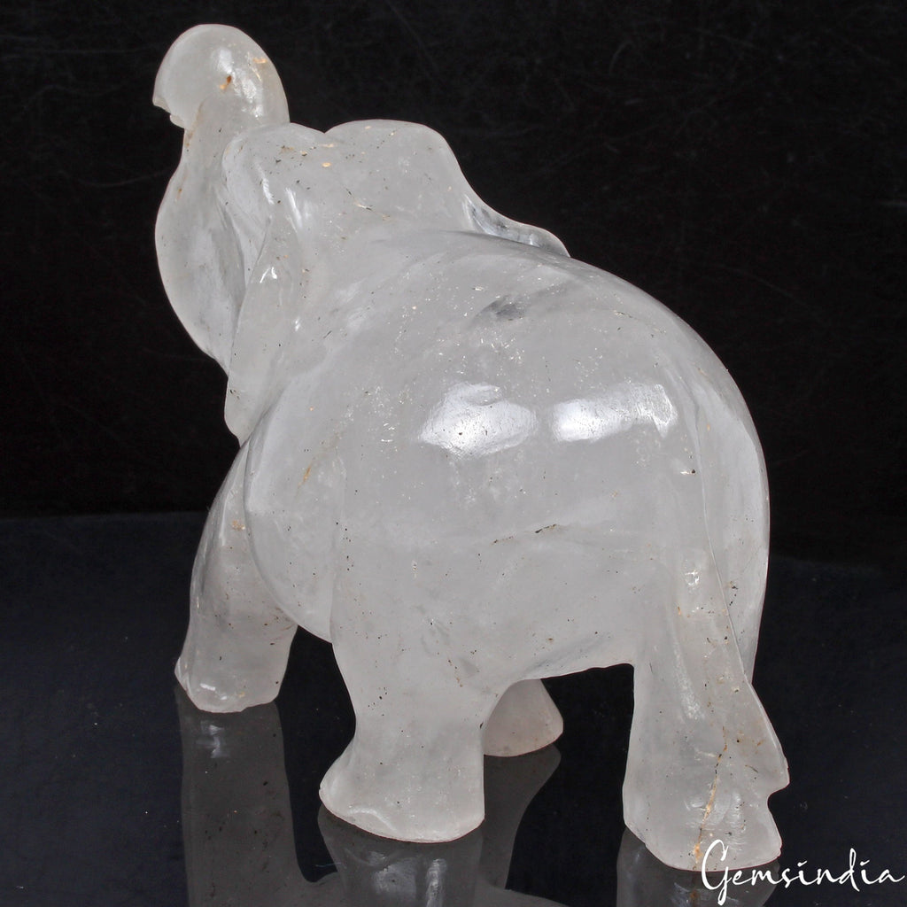 Handmade 1760 Cts Natural White Quartz Trunk Up Elephant Sculpture/Home Decor