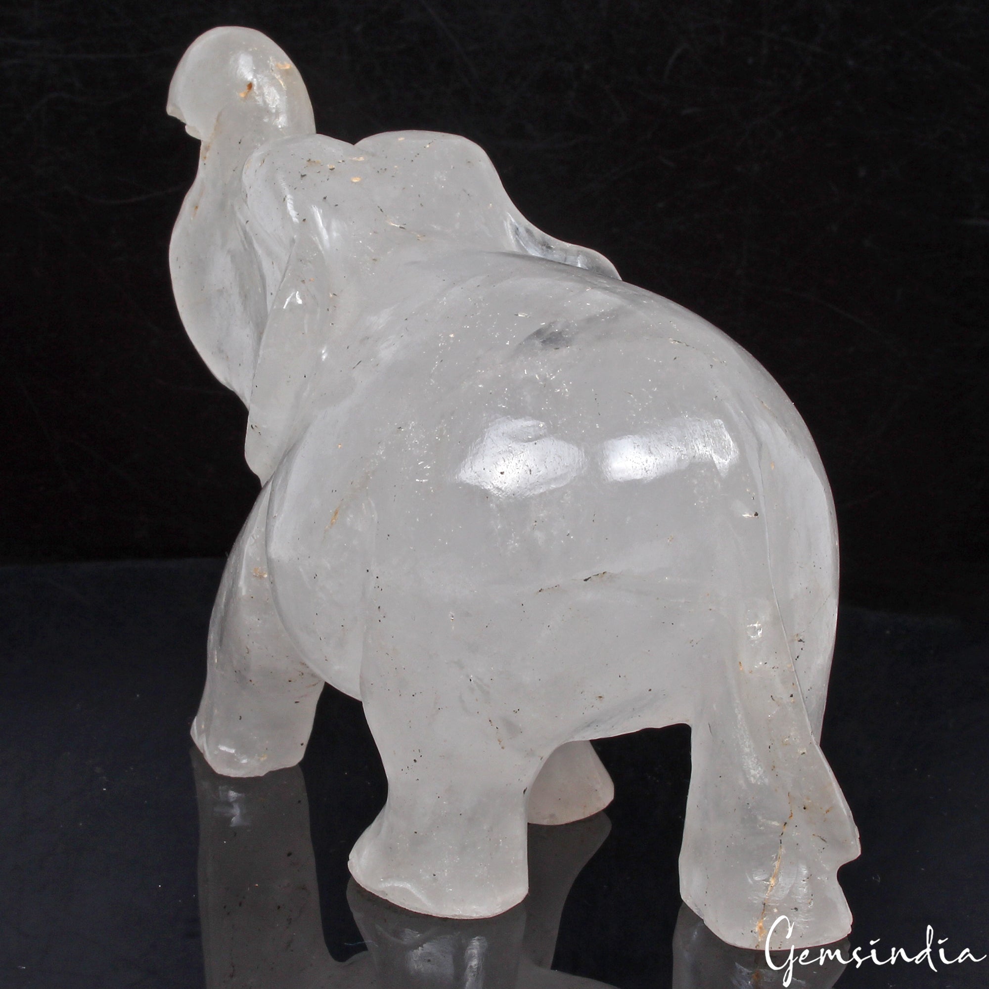 Handmade 1760 Cts Natural White Quartz Trunk Up Elephant Sculpture/Home Decor