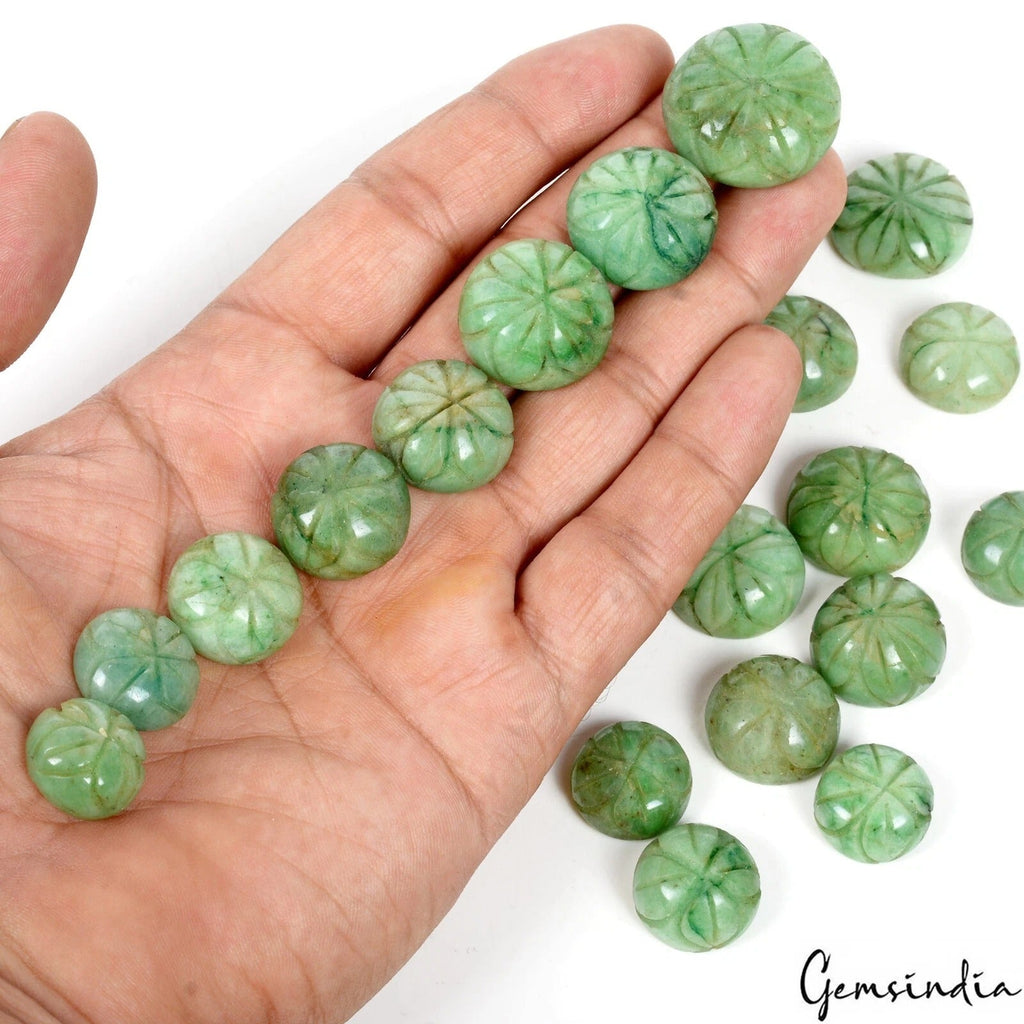 550 Ct Natural Green Emerald Loose Floral Round Carved Gemstone Lot For Jewelry