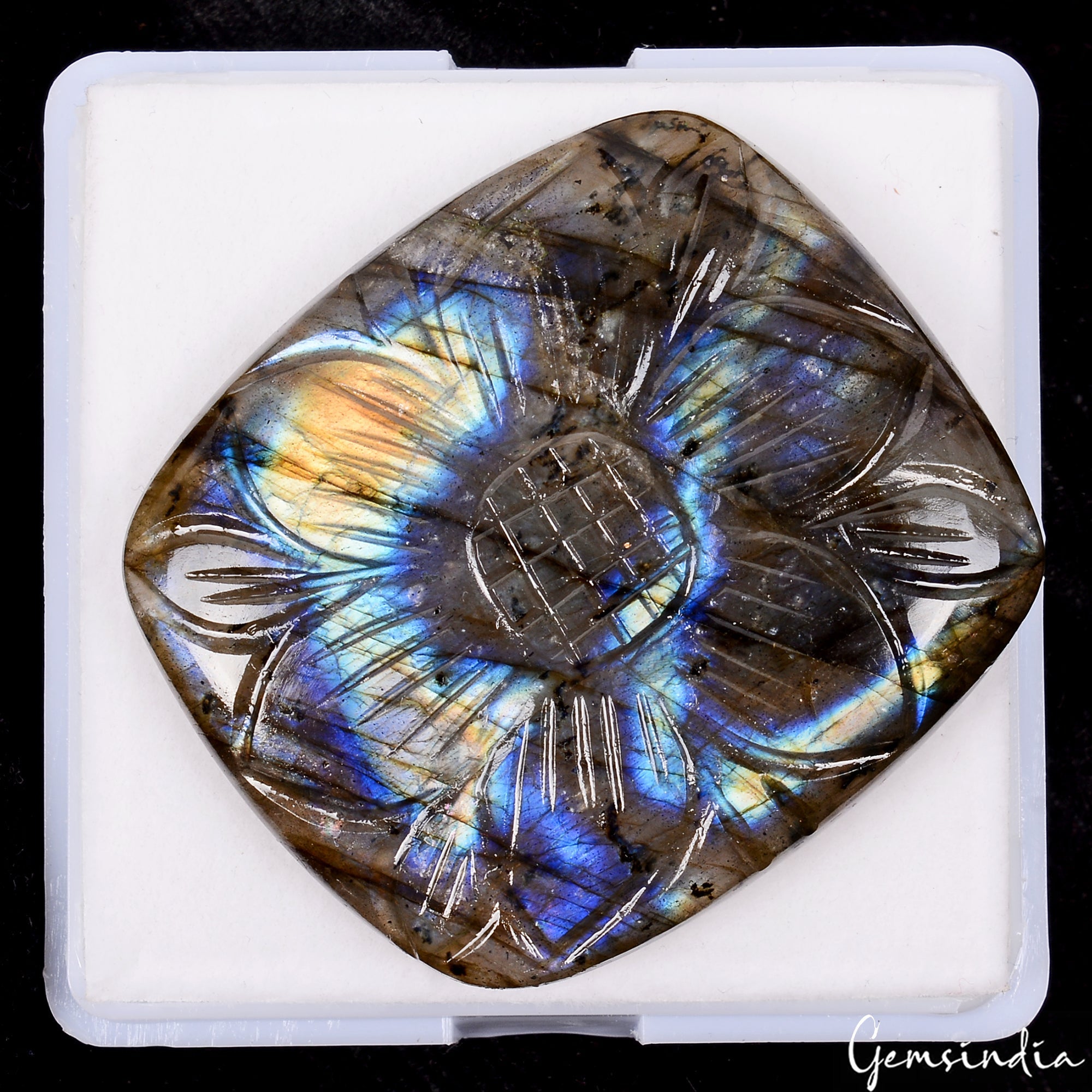 97.50 Ct Natural Carved Labradorite 41x36mm Cushion Flashy Pendant Size Gemstone