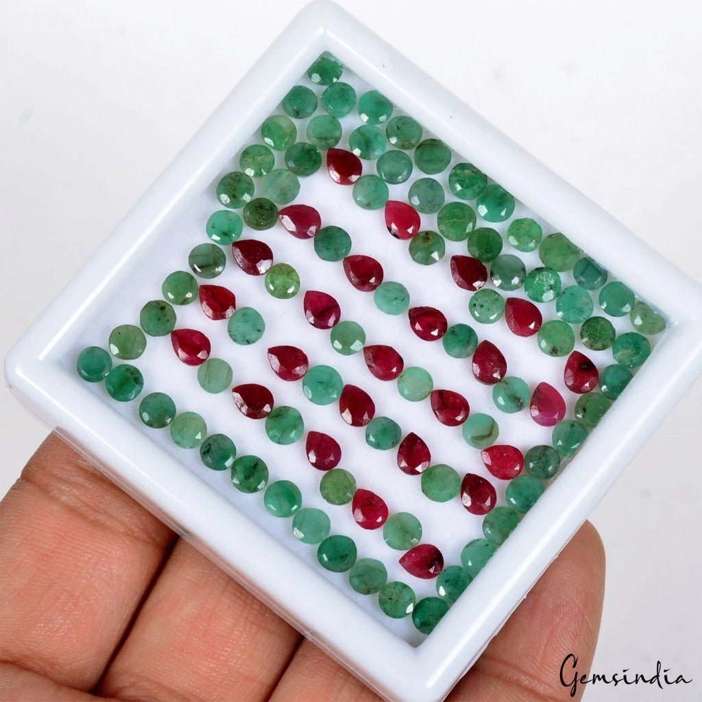 39.10 Cts/100 Pcs Natural Red Ruby Green Emerald Round Pear Cut Gems For Jewelry