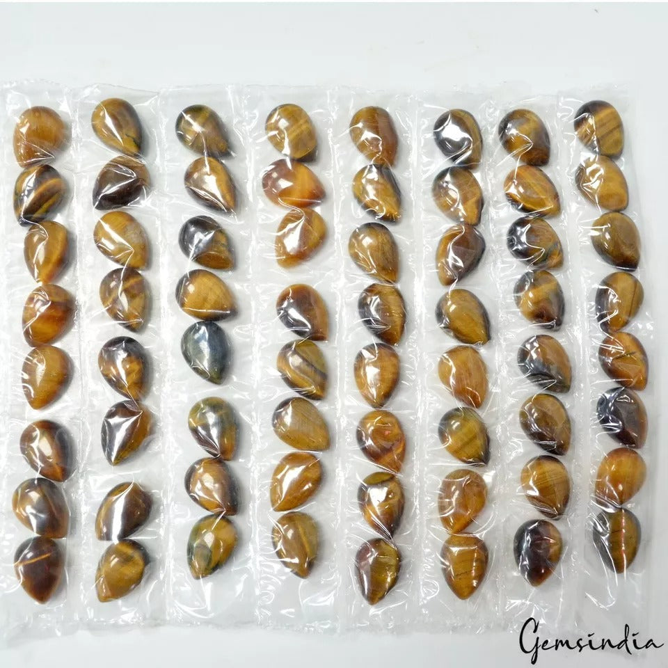 358 Cts/64 Pcs Natural Untreated Tiger Eye Pear Cab Loose Gems Lot For Jewelry