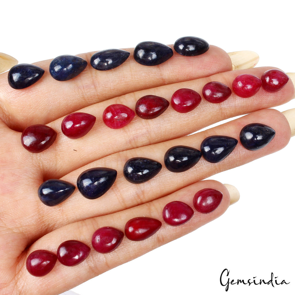 Certified 134.40 Cts/42 Pcs Natural Red Ruby Blue Sapphire Pear Cab Jewelry Gems