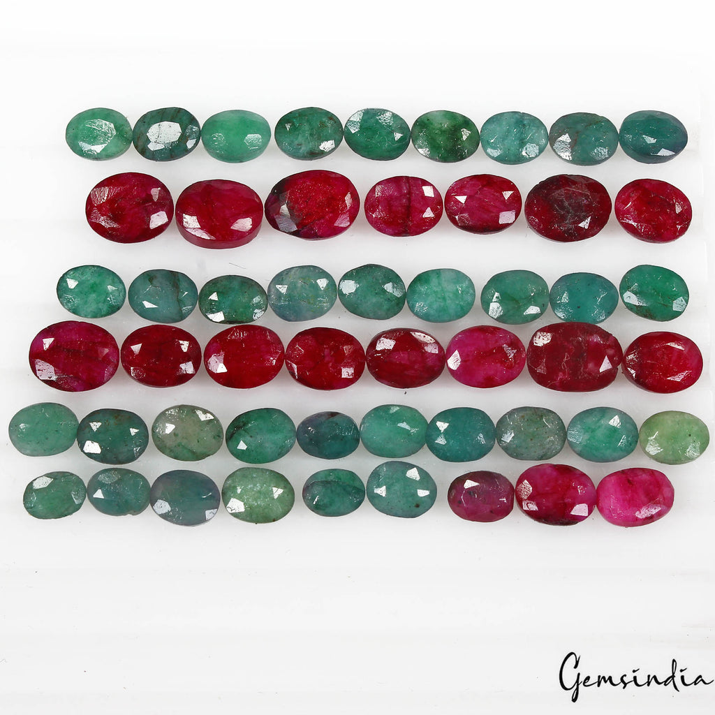92.80 Cts/52 Pcs Natural Red Beryl Green Emerald Oval Cut Loose Gems For Jewelry