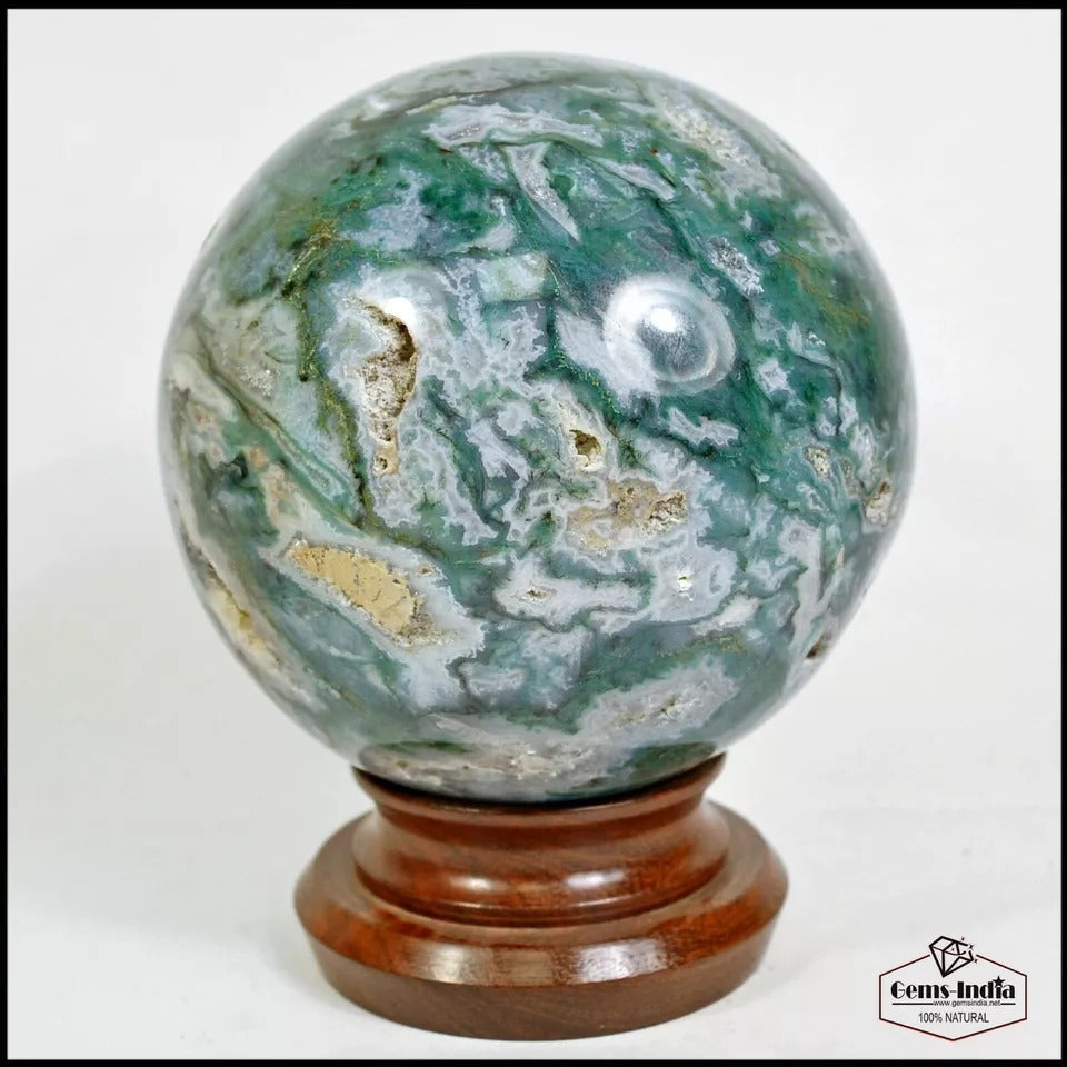 4.5" Moss Agate Sphere Mineral Druzy Reiki Chakra Green Witch Crystal Globe Deco