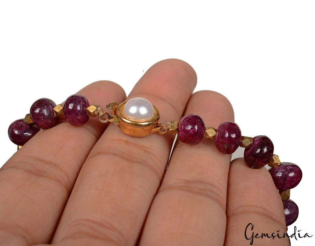 17" Natural Red Ruby Round Cabochon Gem Beaded Handmade Designer Women Necklace