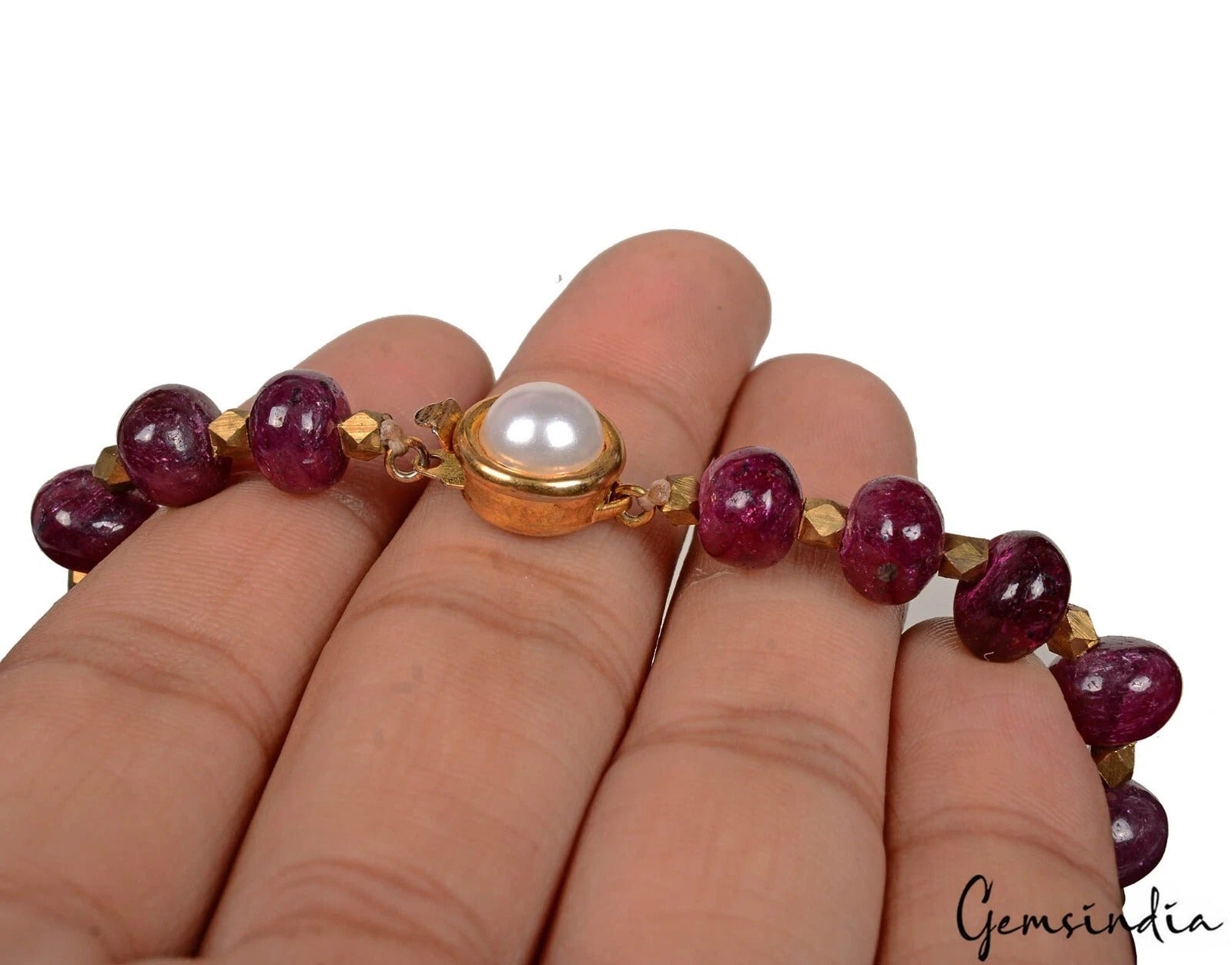 17" Natural Red Ruby Round Cabochon Gem Beaded Handmade Designer Women Necklace