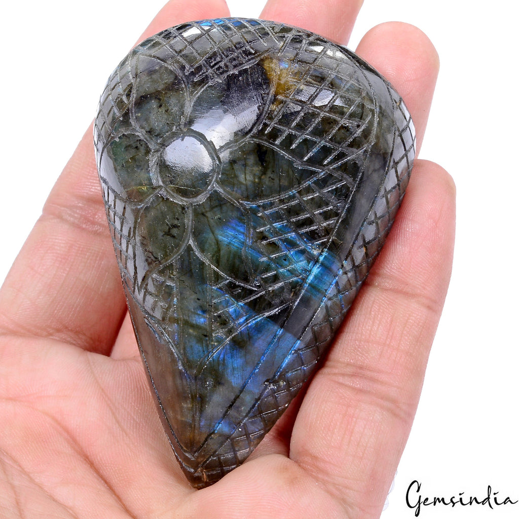 850Ct Natural Untreated Blue Shine Labradorite Pear Carving Earth Mined Gemstone